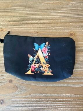 Monogram Initial "A" Floral Cosmetic Bag Water Resistant Lined Makeup Pouch